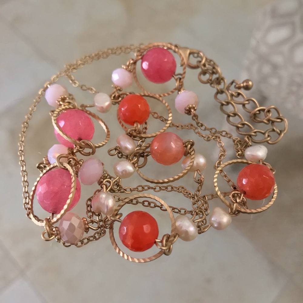 Rose Rhodochrosite and Seed Pearl Double Necklace